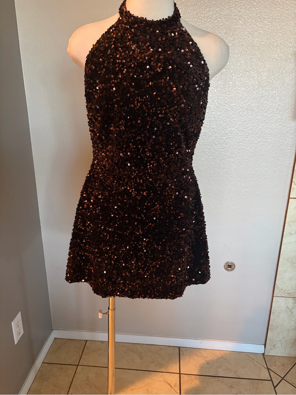 Zara Sequined Halter Mini Dress in Brown and Black